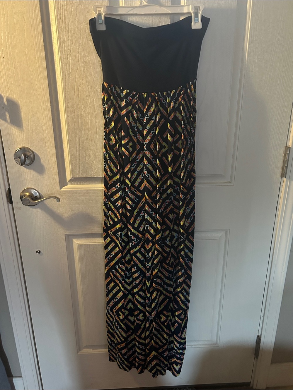 Xhilaration Navy Strapless Maxi Dress with Multicolor Geometric Skirt